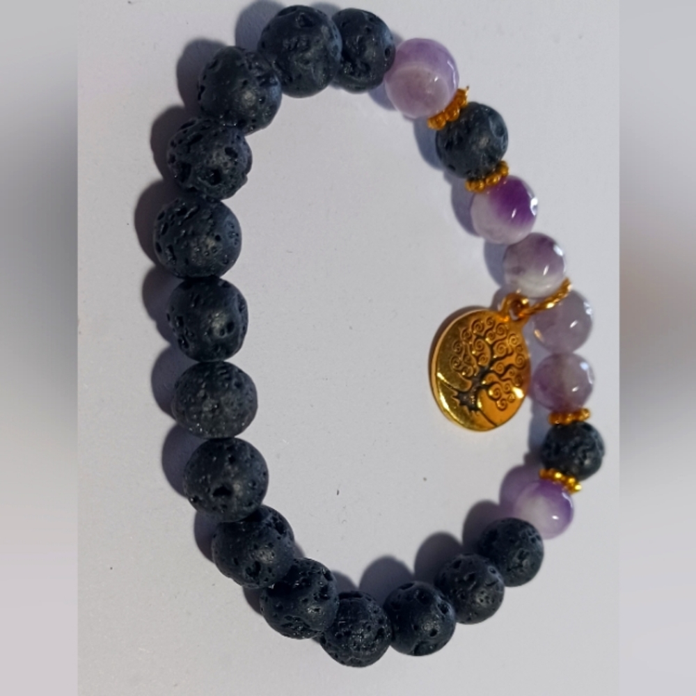 Amethyst & Lava Rock& gold bracelet tree of life charm